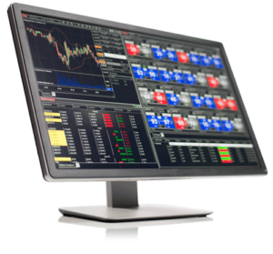 A computer with the screen showing the NinjaTrader 8 monitor feature for live trading